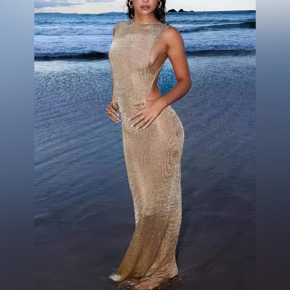 SHEIN Sheer Gold Bikini Cover Up Backless Dress - Picture 13 of 15